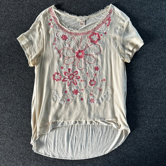 Sundance Tops - Sundance Cream Floral Embroidered High Low Top Pink Boho Short Sleeve Medium